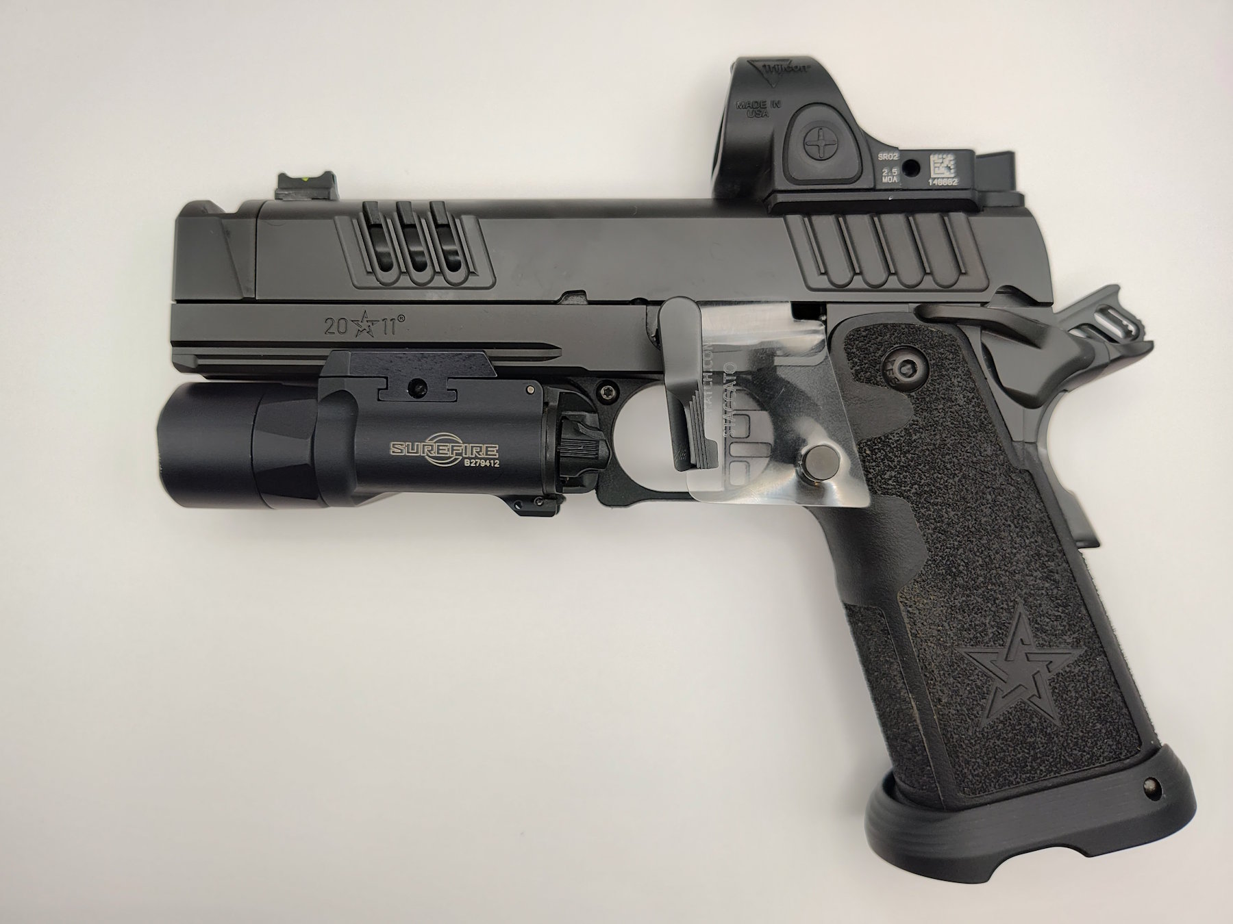 A Staccato pistol with the Idiot Scratch Prevention Tool™ installed during disassembly